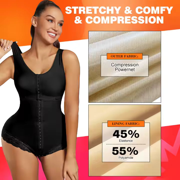 Confident woman enjoying comfort in Luxglowaura® Columbian Full Body shapewear for everyday body confidence